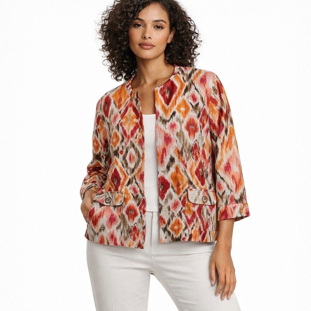 Chico's Womens Multicolor Blurred Ikat Alegra Blazer Jacket Sz M‎ Boho Southwest